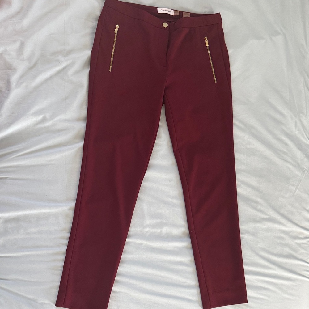 Calvin Klein Burgundy Trousers with Gold Accents